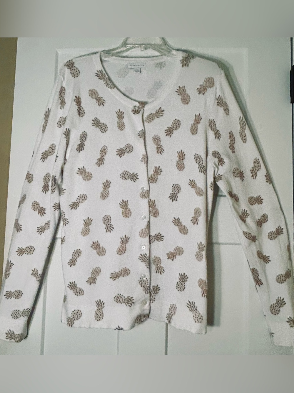 Charter Club White Cardigan with Gold Pineapple Print